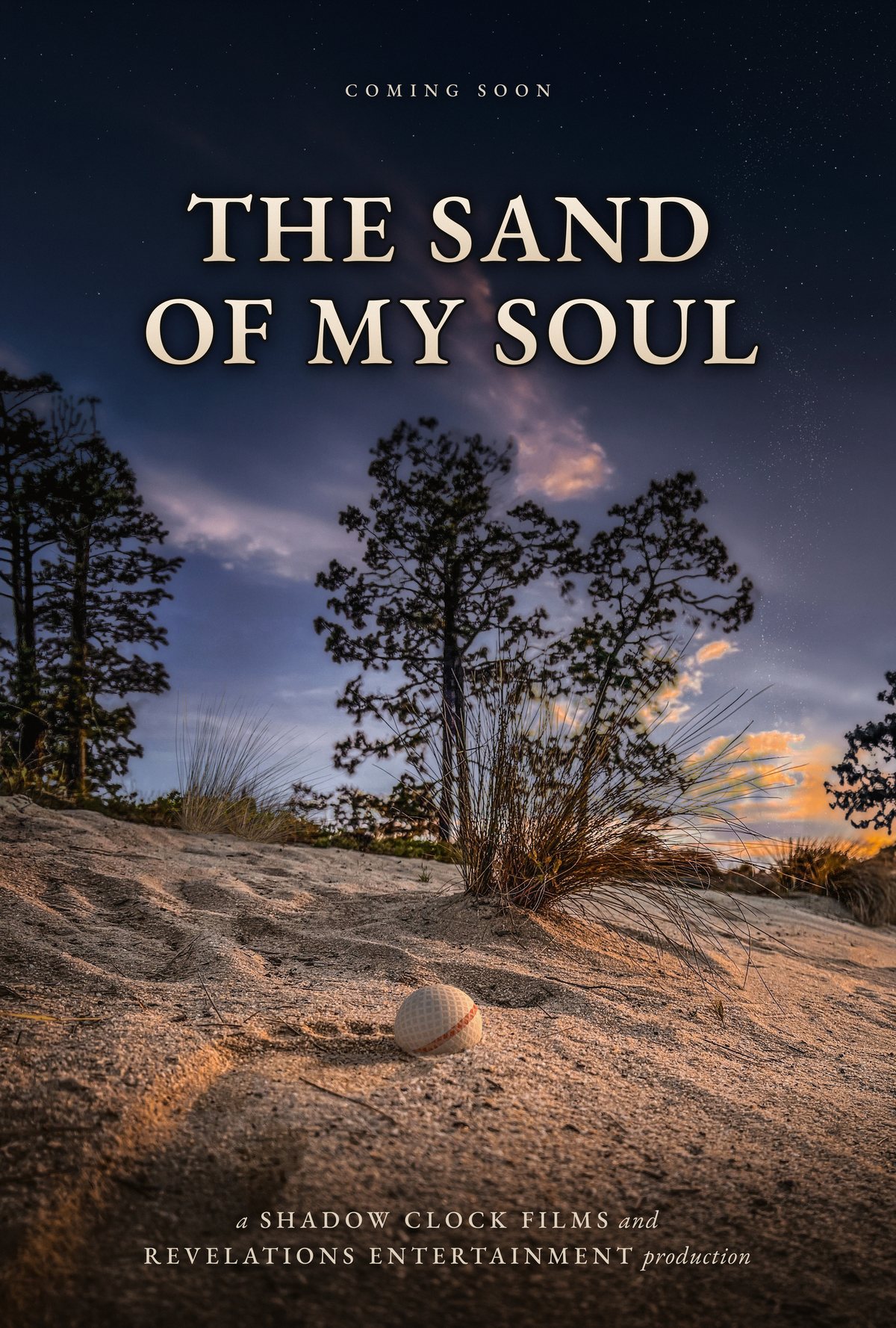 The Sand of My Soul — a golf ball resting in a footprint in the sand at dusk, wiregrass and longleaf pines against the evening sky. Coming soon.